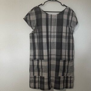 Eileen Fisher Organic Linen Cotton Plaid V-Neck Back Dress Size M